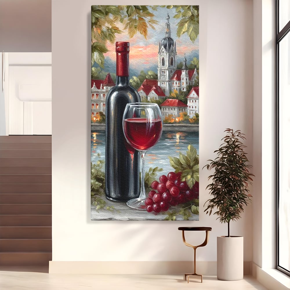 Tablou canvas cu pictura cu sticla de vin si oras, fara rama, pe sasiu de lemn